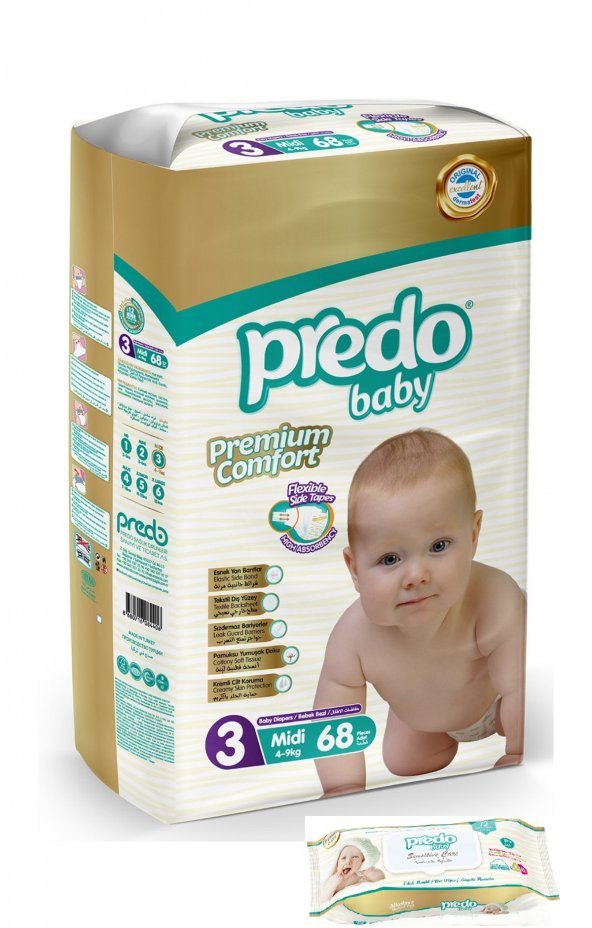 PREDO Premium Comfort Bebek Bezi 3 Numara 68 Adet + Islak Mendil 72 Adet
