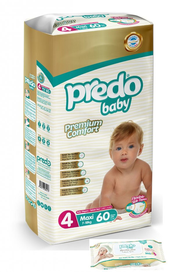 PREDO Premium Comfort Bebek Bezi 4 Numara 60 Adet + Islak Mendil 72 Adet