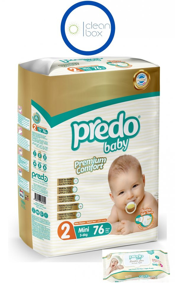 PREDO Premium Comfort Bebek Bezi 2 Numara + Islak Mendil 72 Adet
