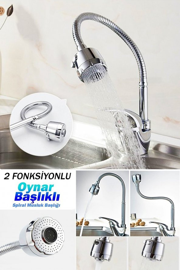 Yayke 1.Sınıf  2 Fonksiyonlu Oynar Başlıklı Spiralli Mutfak Lavabo Musluk Çeşme Başlığı Kaliteli - 2