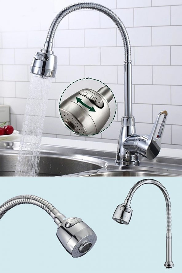Yayke 1.Sınıf  2 Fonksiyonlu Oynar Başlıklı Spiralli Mutfak Lavabo Musluk Çeşme Başlığı Kaliteli - 3