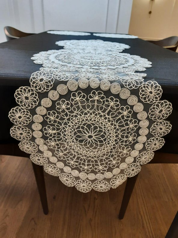 Finezza Silva Nakışlı Krem Supla ve Runner Seti 7 Parça 6 Kişilik - 950 - Resim 4