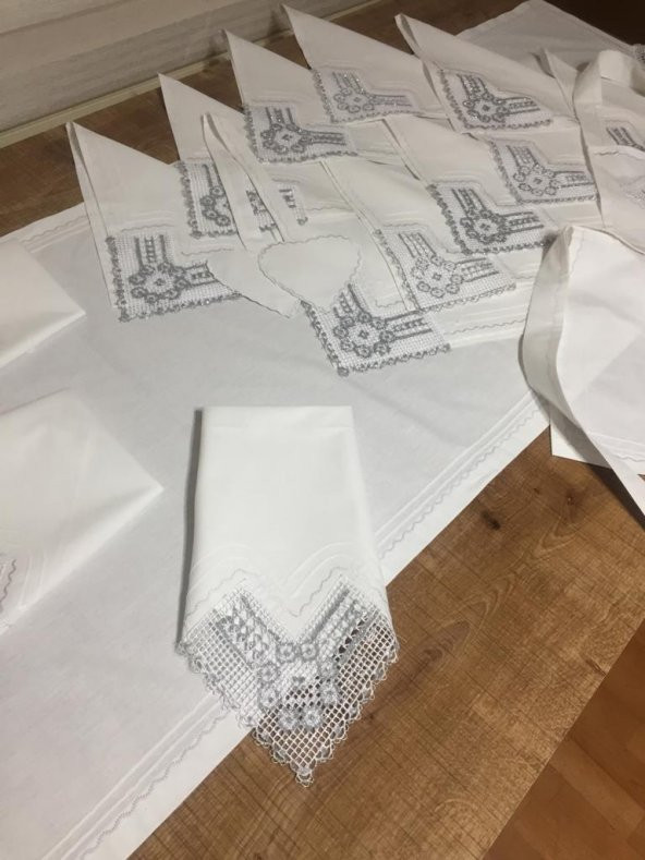 Finezza Batik Gümüş Dantelli Pamuk Kumaş Beyaz Mutfak Takımı 17 Parça - 442 - 2
