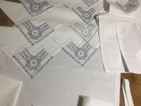 Finezza Batik Gümüş Dantelli Pamuk Kumaş Beyaz Mutfak Takımı 17 Parça - 442 - 3