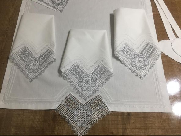 Finezza Batik Gümüş Dantelli Pamuk Kumaş Beyaz Mutfak Takımı 17 Parça - 442 - 4