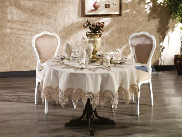 Finezza Royal Dantelli Keten Bej Sofra Takımı 8 kşl. Yuvarlak 180cm 17Prç. - 933