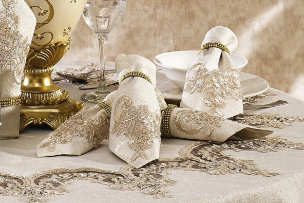 Finezza Royal Dantelli Keten Bej Sofra Takımı 8 kşl. Yuvarlak 180cm 17Prç. - 933 - Resim 3