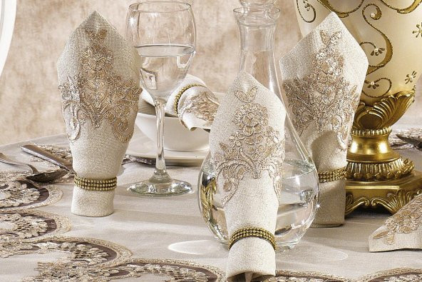 Finezza Royal Dantelli Keten Bej Sofra Takımı 8 kşl. Yuvarlak 180cm 17Prç. - 933 - Resim 4