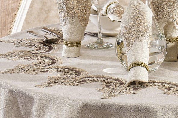 Finezza Royal Dantelli Keten Bej Sofra Takımı 8 kşl. Yuvarlak 180cm 17Prç. - 933 - Resim 5