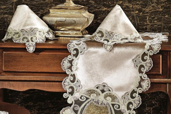 Finezza Aydan Aplikeli Güpürlü Kadife Haki Salon Takımı 5 Parça - 466 - 6