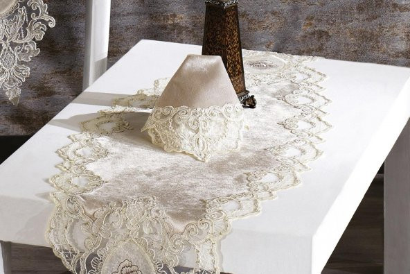 Finezza Öykü Aplikeli Güpürlü Kadife Krem Salon Takımı 5 Parça - 658 - 4