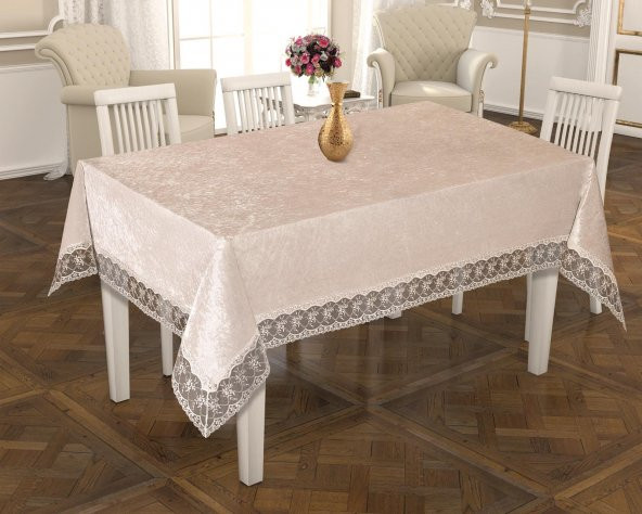 Finezza İnci Lüx Dantelli Kadife Kumaş Krem Masa Örtüsü 160x220 cm  - 162