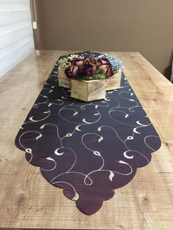 Finezza Sarmaşık Nakışlı Bordo Saten Runner 40x140 cm - 760 - Resim 3