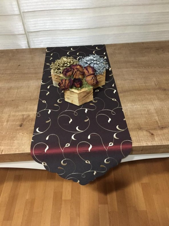 Finezza Sarmaşık Nakışlı Bordo Saten Runner 40x140 cm - 760 - Resim 5