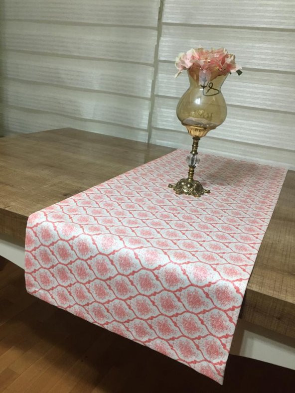 Finezza Melisa Damask Baskılı Duck Kumaş Krem/Kırmızı Runner 40*140 cm - 507