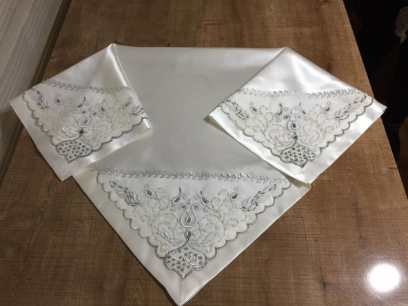 Finezza El işlemesi Boncuklu Saten Kumaş Beyaz Gümüş Gelin Bohçası 90x90cm - 483 - Resim 4