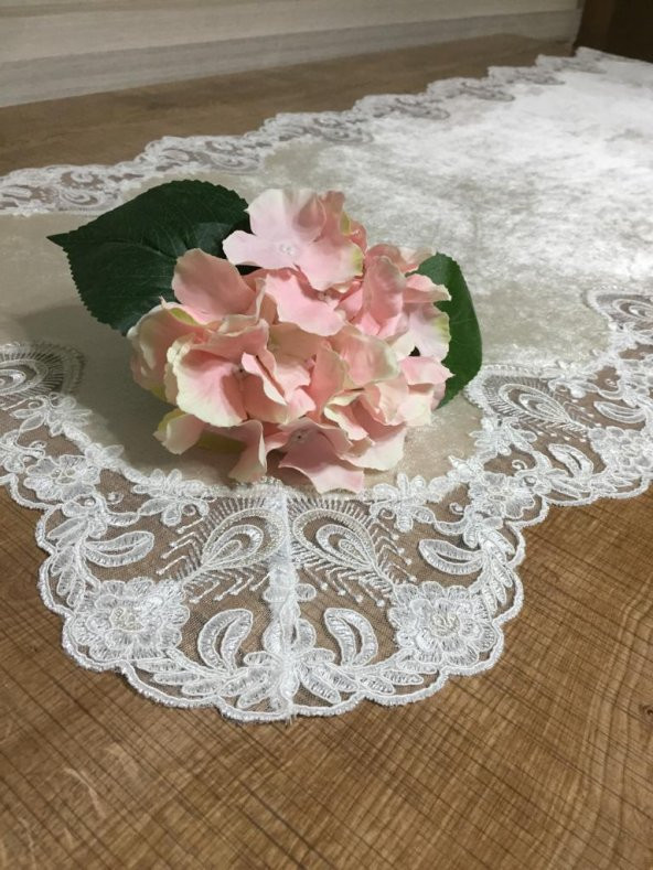 Finezza Akasya Kadife Güpürlü Krem Runner 40*110 cm - 555 - Resim 2