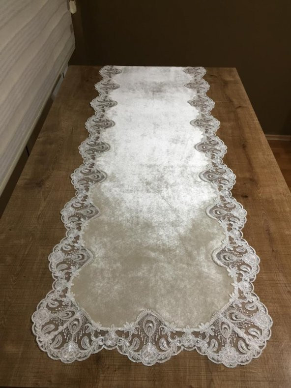 Finezza Akasya Kadife Güpürlü Krem Runner 40*110 cm - 555 - Resim 4
