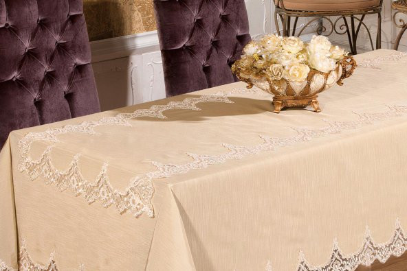 Finezza Carmen Bambu Poly. Güpürlü Bej Masa Örtüsü 170x240cm Runner 2 Prç. - 425 - 4