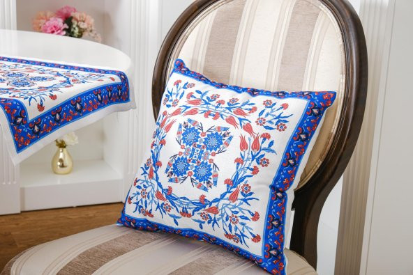 Finezza Çini Pamuk Duck Baskılı Kumaş Krem/Mavi Runner&Kırlent Seti 3 Parça - 54 - 3
