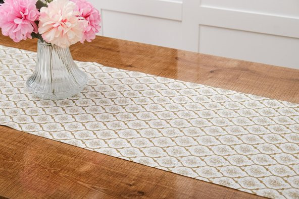Finezza Melisa Damask Baskılı Duck Kumaş Krem/Gold Runner 40*140 cm - 501 - 3