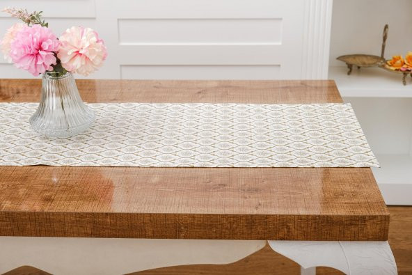 Finezza Melisa Damask Baskılı Duck Kumaş Krem/Gold Runner 40*140 cm - 501 - 4
