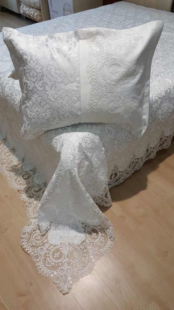 Finezza Beste Fransız Dantelli Simli Jakar Kumaş Krem Yatak Örtüsü 3 Parça - 118 - 3