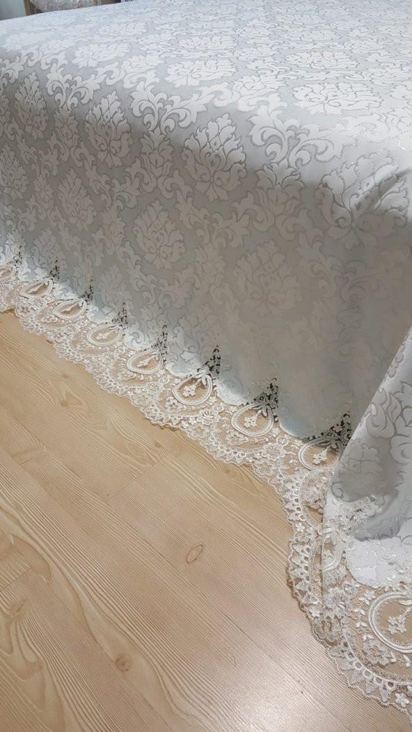 Finezza Beste Fransız Dantelli Simli Jakar Kumaş Krem Yatak Örtüsü 3 Parça - 118 - 4