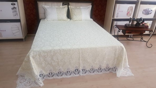 Finezza Beste Fransız Dantelli Simli Jakar Kumaş Krem Yatak Örtüsü 3 Parça - 118 - 5