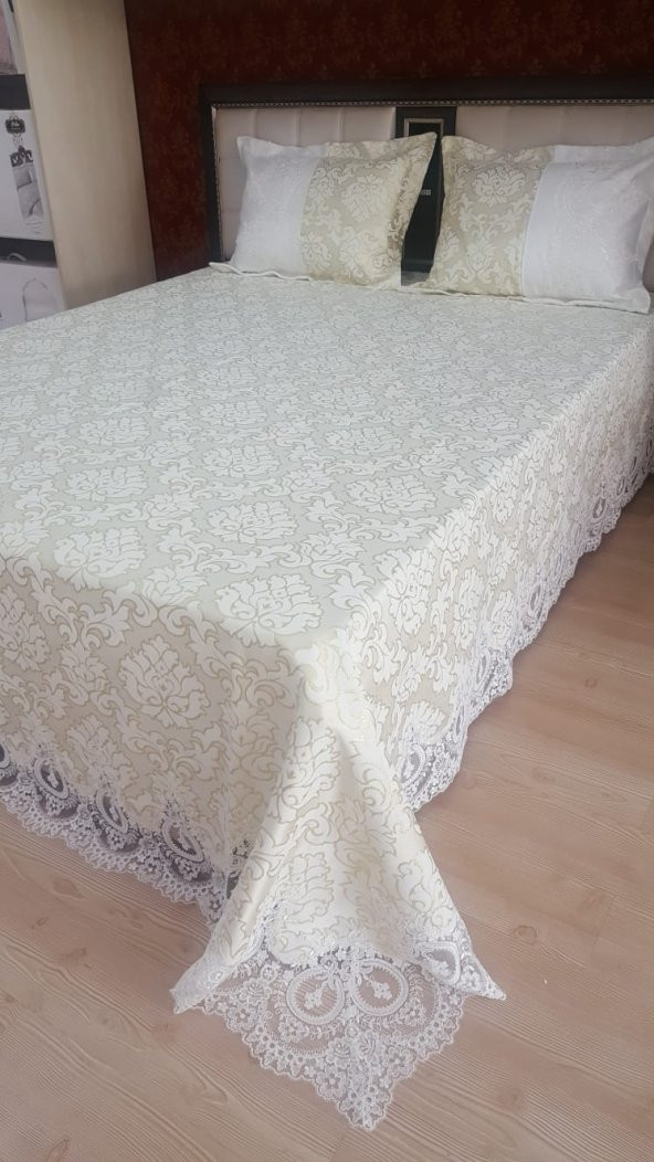 Finezza Beste Fransız Dantelli Simli Jakar Kumaş Krem Yatak Örtüsü 3 Parça - 118 - 8