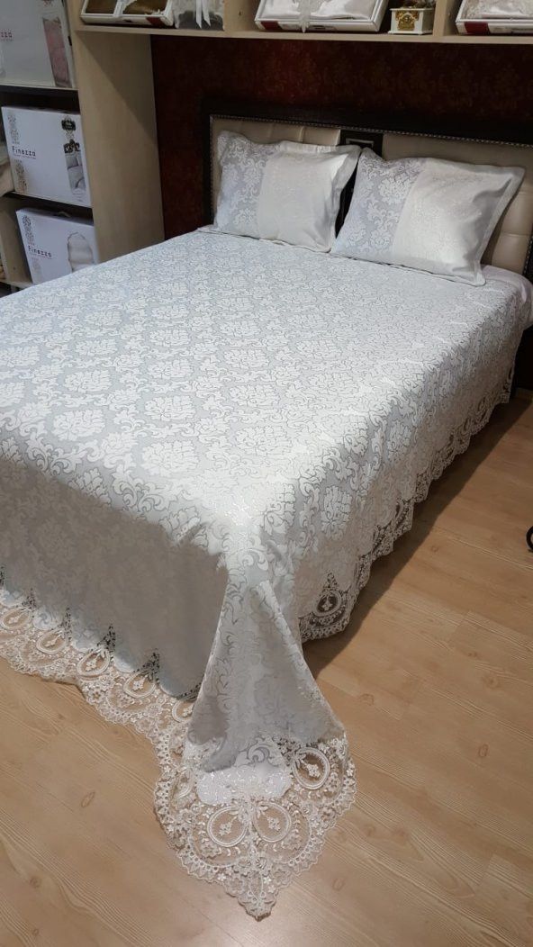 Finezza Beste Fransız Dantelli Simli Jakar Kumaş Krem Yatak Örtüsü 3 Parça - 118 - 10
