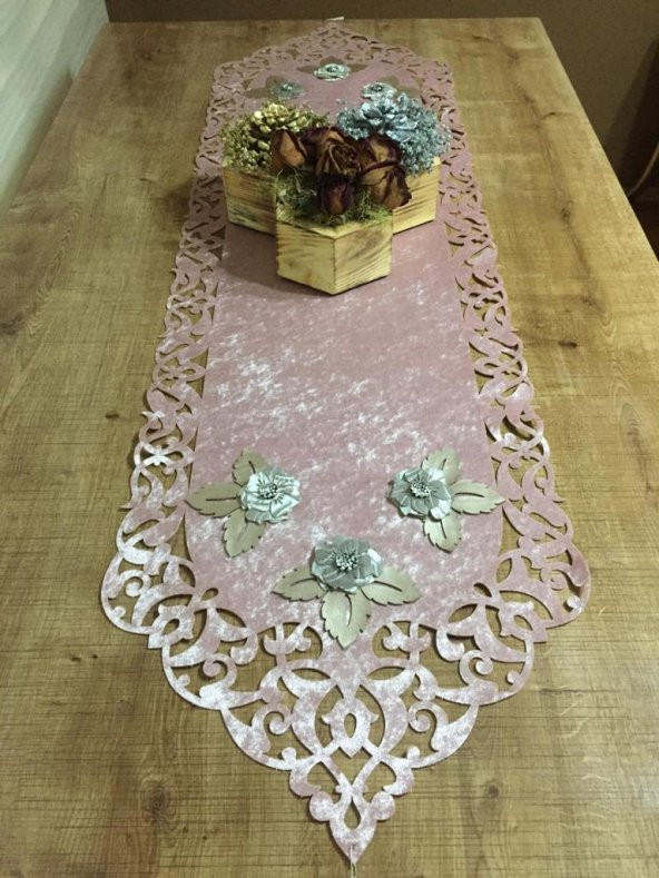 Finezza Mina Kadife Lazer Kesim Çiçek Süslemeli Pudra Gri Runner 40x140 cm - 718 - 5
