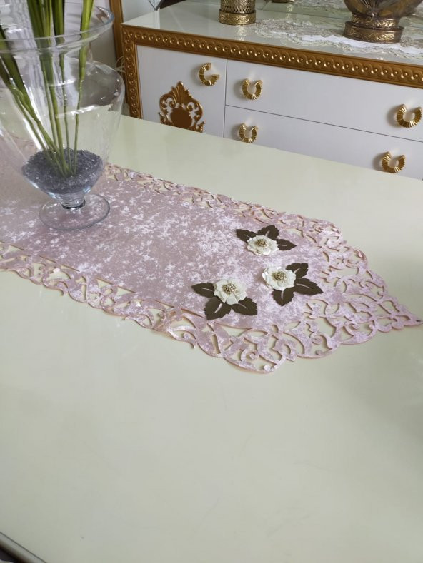 Finezza Mina Kadife Lazer Kesim Çiçek Süslemeli Pudra Krem Runner 40x140cm - 719 - Resim 2