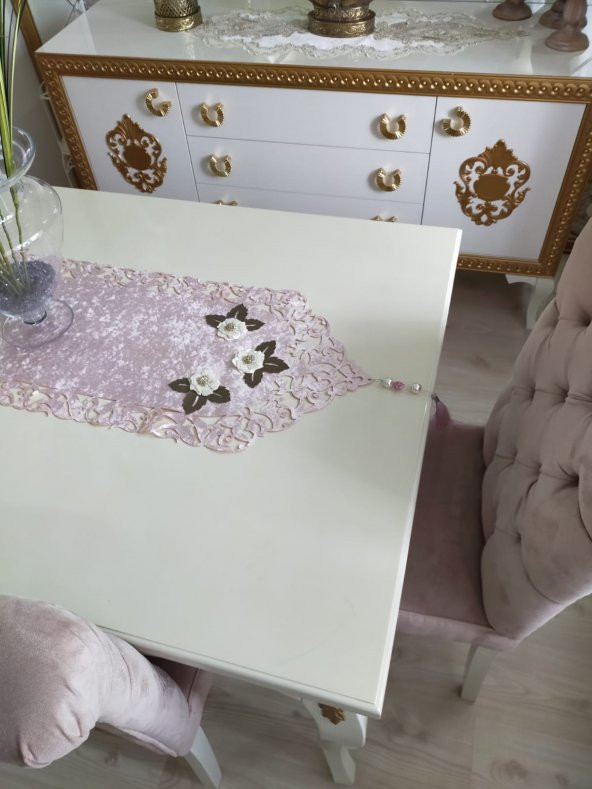 Finezza Mina Kadife Lazer Kesim Çiçek Süslemeli Pudra Krem Runner 40x140cm - 719 - Resim 3