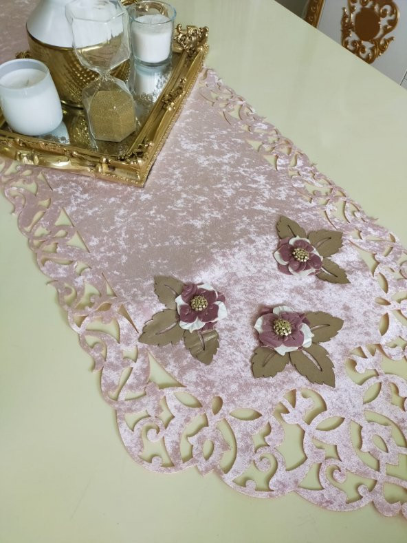 Finezza Mina Kadife Lazer Kesim Çiçek Süslemeli Pudra Krem Runner 40x140cm - 719 - Resim 4