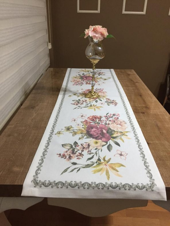 Finezza Gardenya Pamuk Çiçek Baskılı Kumaş Krem Runner Kırlent Seti 3 Prç. - 650 - Resim 6