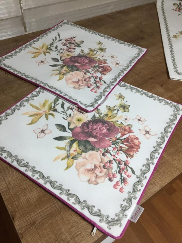 Finezza Gardenya Pamuk Çiçek Baskılı Kumaş Krem Runner Kırlent Seti 3 Prç. - 650 - Resim 7