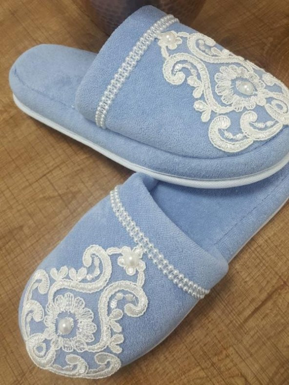 Finezza Bride Pamuk İncili Aplikeli  Mavi Havlu Terlik 38-40 numara - 580 - 2