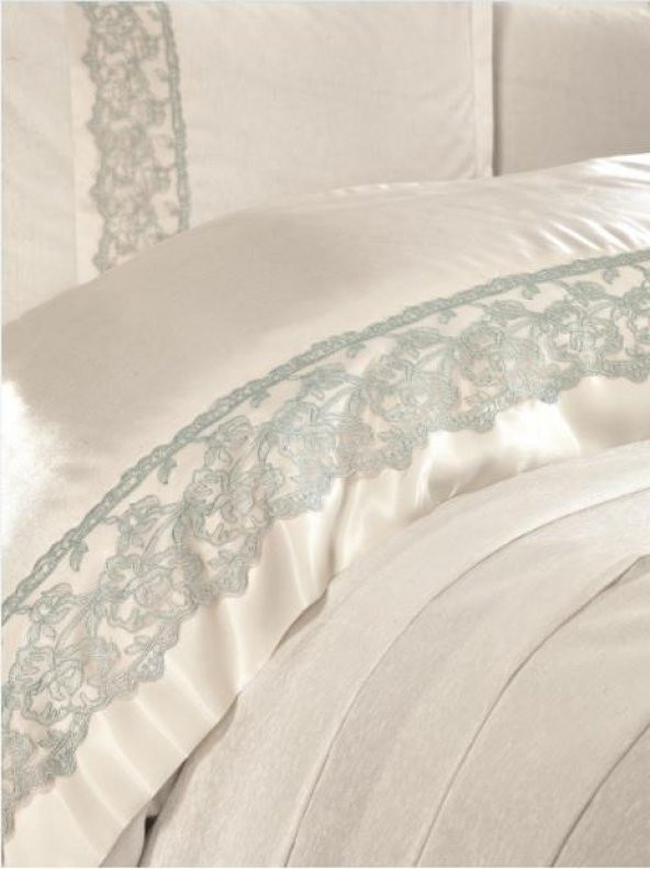 Finezza Beatrice Şönil Kumaş Kreme Mint Bantlı Çift Kş.Yatak Örtüsü 3 Prç. - 473 - 4