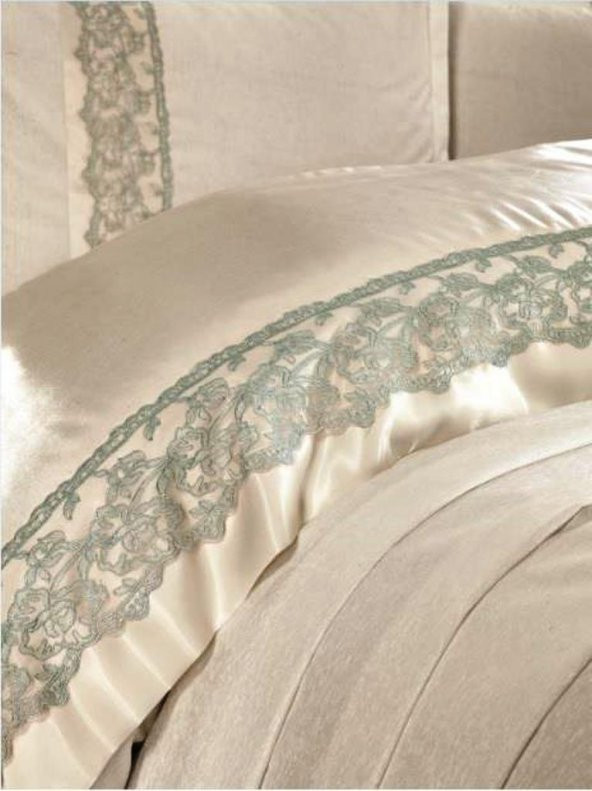 Finezza Beatrice Şönil Kumaş Kreme Mint Bantlı Çift Kş.Yatak Örtüsü 3 Prç. - 473 - 5