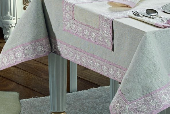 Finezza Duru Güpürlü Etamin Krem Pudra Sofra Takımı 8 kşl. 160x230cm 18Prç.- 140 - 3