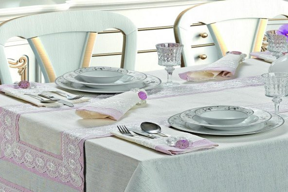 Finezza Duru Güpürlü Etamin Krem Pudra Sofra Takımı 8 kşl. 160x230cm 18Prç.- 140 - 4