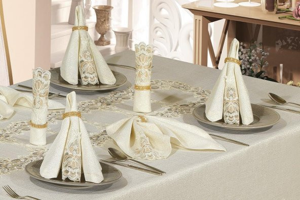 Finezza Cennet Dantelli Keten Bej Sofra Takımı 8 kişilik 160x230cm 17 Prç.- 172 - 7