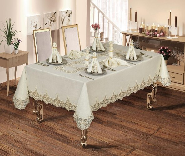 Finezza Cennet Dantelli Keten Bej Sofra Takımı 8 kişilik 160x230cm 17 Prç.- 172