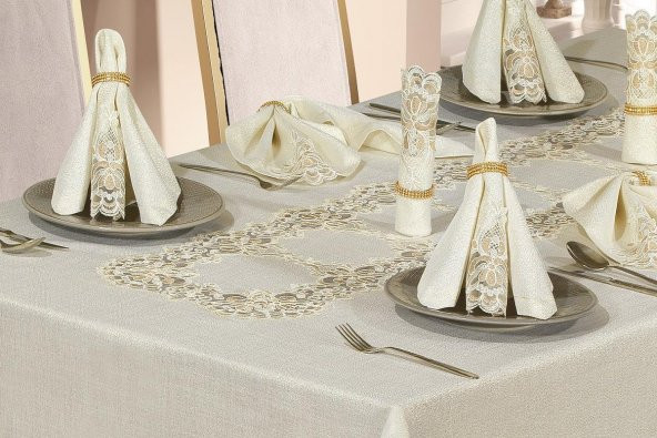 Finezza Cennet Dantelli Keten Bej Sofra Takımı 8 kişilik 160x230cm 17 Prç.- 172 - 4