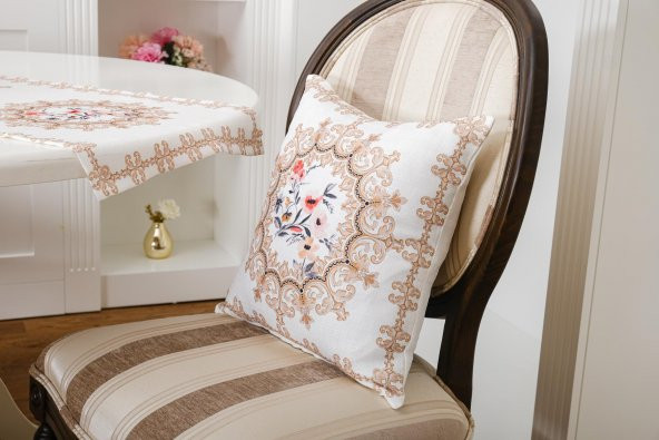 Finezza Frame Pamuk Duck Baskılı Kumaş Krem/Bej Runner&Kırlent Seti 3 Parça - 57 - 3