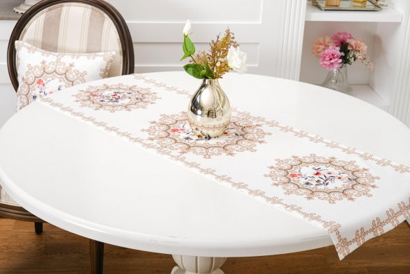 Finezza Frame Pamuk Duck Baskılı Kumaş Krem/Bej Runner&Kırlent Seti 3 Parça - 57 - 4