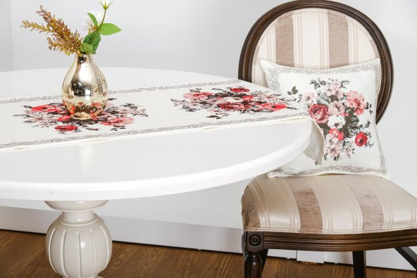 Finezza Gardenya Pamuk Çiçek Baskılı Kumaş Krem Runner Kırlent Seti 3 Prç. - 650 - Resim 2