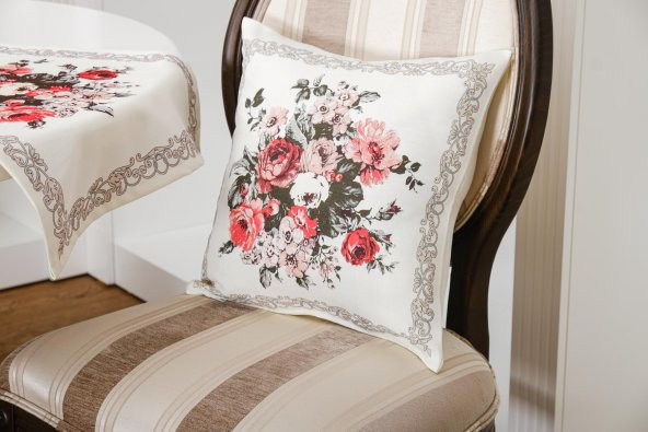 Finezza Gardenya Pamuk Çiçek Baskılı Kumaş Krem Runner Kırlent Seti 3 Prç. - 650 - Resim 3