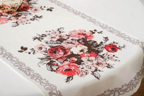 Finezza Gardenya Pamuk Çiçek Baskılı Kumaş Krem Runner Kırlent Seti 3 Prç. - 650 - Resim 5